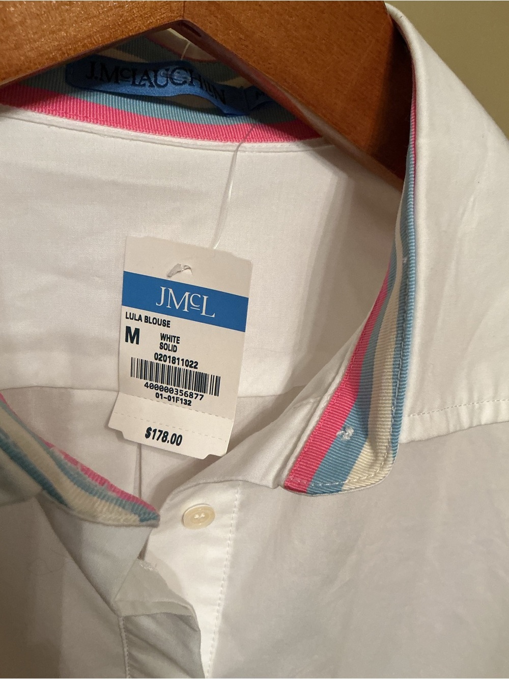 J. McLaughlin White LULA Popover Shirt Striped Cuffs & Collar, Women’s M, NWT